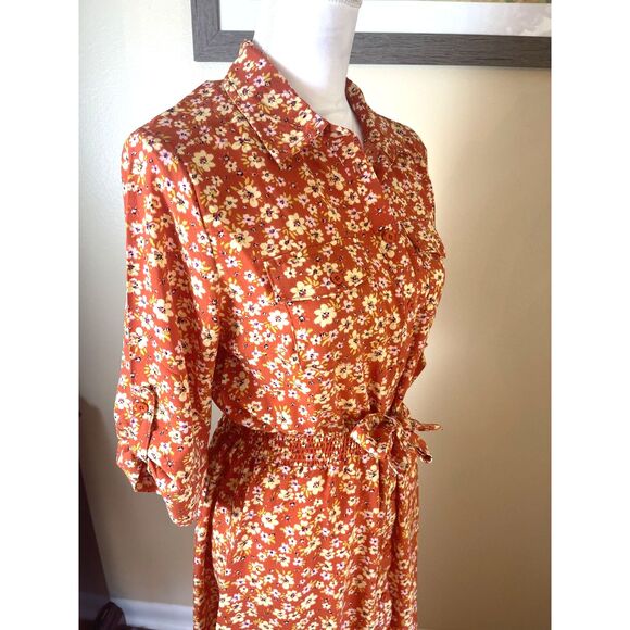NWT Millenium Womens Mini Floral Midi Shirt Dress M Brown Retro 70s Work Casual - Picture 5 of 16